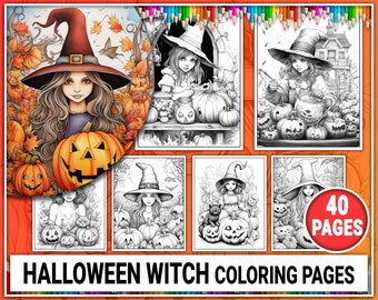 Könnte beinhalten: Ein Set mit 40 Halloween-Hexen-Malvorlagen mit Schwarzweiß-Illustrationen von Hexen, Kürbissen und anderen Halloween-Motiven.