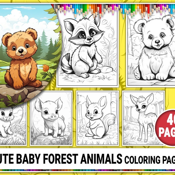 40 Cute Baby Forest Wild Animals Coloring Pages. Woodland Animals Coloring Book. Printable Grayscale Coloring Sheets for Adult Kids. PDF