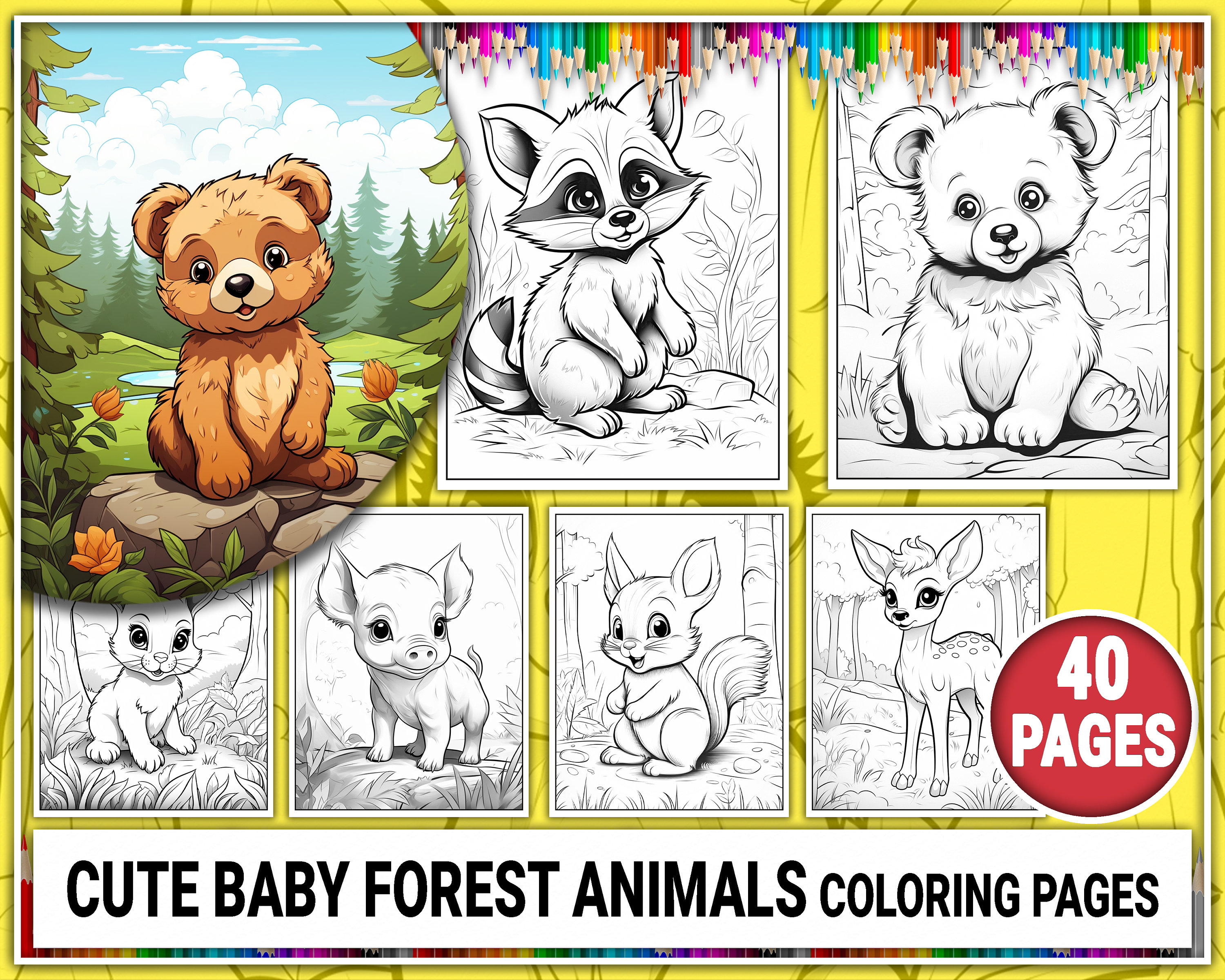 40 Cute Baby Forest Wild Animals Coloring Pages. Woodland Animals Coloring Book. Printable Grayscale Coloring Sheets for Adult Kids. PDF