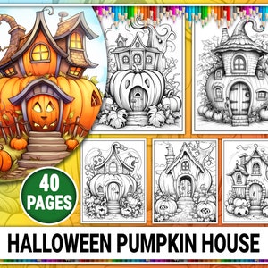 40 Halloween Pumpkin House Coloring Pages. Pumpkin House Coloring Book. Printable Grayscale Coloring Sheets for Adults. Instant Download PDF