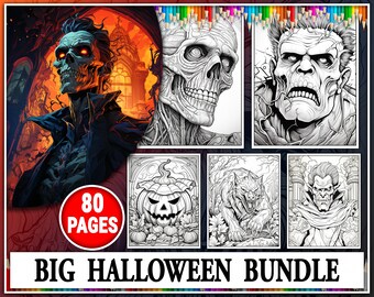 Big Halloween Monster Bundle Coloring Book. High-Quality Grayscale Halloween Coloring Sheets. Printable Halloween Coloring Pages. PDF