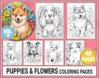 40 Cute Puppies & Flowers Coloring Book Vol.4 Coloring Pages for Kids, Adults. Grayscale Coloring Book. Coloring Sheets Instant Download PDF