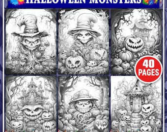 Grayscale Halloween Coloring Pages. Halloween Coloring Sheets. Printable Gothic Pumpkin Coloring Book. Cute & Creepy Colorings Printable PDF