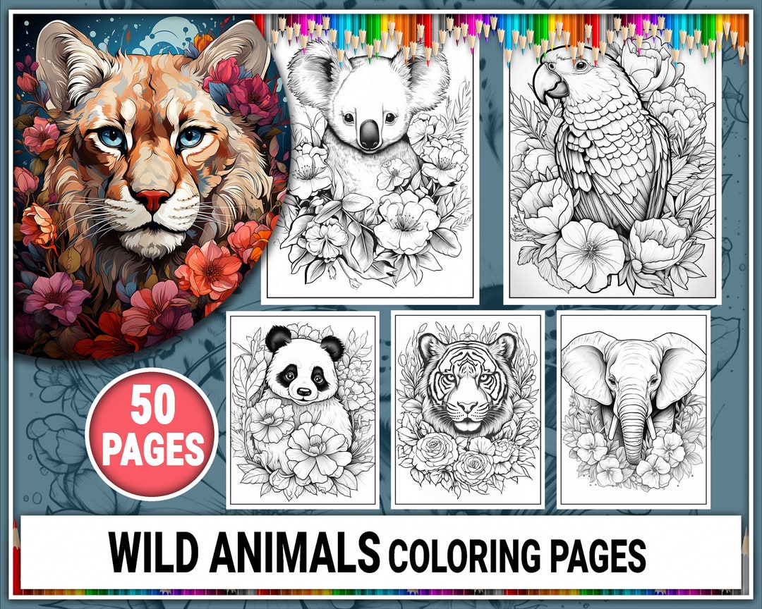 50 Wild Animals & Flowers Coloring Pages. Wild Animals Coloring Book ...