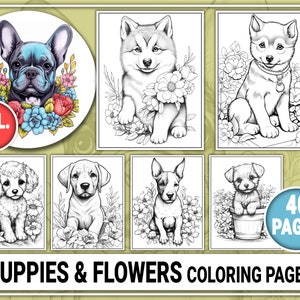 40 Cute Puppies & Flowers Coloring Book Vol.3 Coloring Pages for Kids, Adults. Grayscale Coloring Book. Coloring Sheets Instant Download PDF