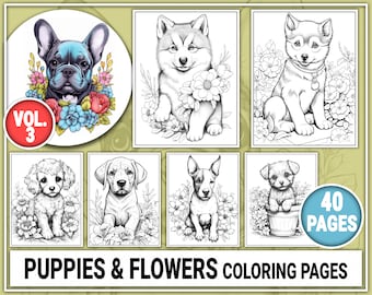 40 Cute Puppies & Flowers Coloring Book Vol.3 Coloring Pages for Kids, Adults. Grayscale Coloring Book. Coloring Sheets Instant Download PDF