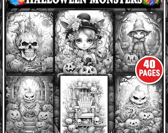 Halloween Monster Coloring Pages. Grayscale Halloween Coloring Sheets. Printable Gothic Pumpkin Coloring Book. Cute and Creepy Colorings PDF