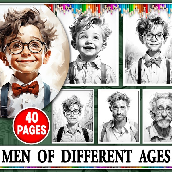 40 Portraits Of Men Of Different Ages Coloring Pages. Men Beauty Coloring Book. Printable Grayscale Coloring Sheets for Adults. PDF