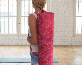 Yoga Mat Bag - vibrant pink tie dye with coloured spots batik print, large size, drawstring cord, carry shoulder strap, cotton fabric