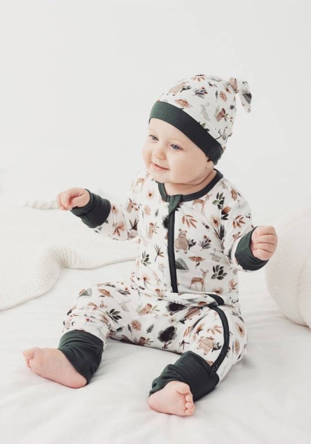 Baby Clothes / Bamboo Two Way Zip up Sleepsuit / Woodland Theme / Baby