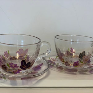 Set Handmade Painted Coffee Glasses 2 pcs Personalised Floral Purple Flowers Tea Cups