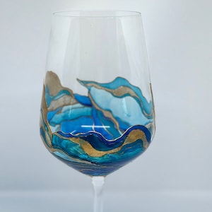 Set Hand painted sea abstract wine glass painted wine glass abstract glass art blue wine glasses sea personalized wine glass set of 6 wine