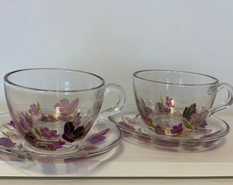 Set Handmade Painted Coffee Glasses 2 pcs Personalised Floral Purple Flowers Tea Cups