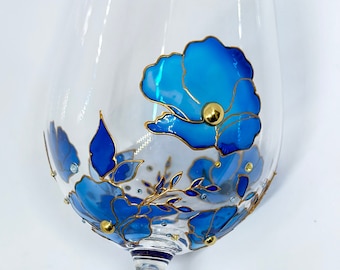 Bicchieri da vino floreali dipinti a mano blu: set personalizzato