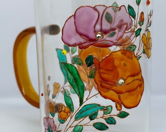 Hand-Painted Floral Glass Mug: Unique Botanical Cup with Rhinestones