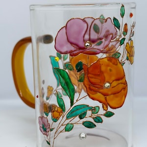 Hand-Painted Floral Glass Mug: Unique Botanical Cup with Rhinestones
