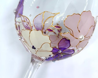 Bicchiere da vino con fiori dipinti a mano, bicchiere da vino personalizzato, grande set di bicchieri da vino, regalo di compleanno per gli amanti del vino, regalo di anniversario, decorazioni primaverili