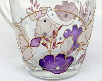 Hand Painted Floral Glass Mug: Purple Lisianthus Flower Tea Cup
