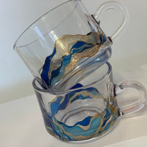 Hand Painted Coffee Glasses Set: Abstract Sea Stained Glass Cups