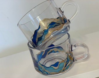 Hand Painted Coffee Glasses Set: Abstract Sea Stained Glass Cups