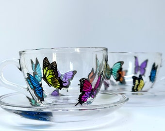 Hand Painted Butterfly Glass Cup Set: Tea Coffee Saucer & Candle Holder