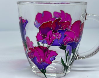 Hand-Painted Floral Glass Coffee Mug: Pink & Magenta Design