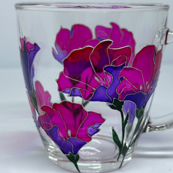 Handmade Hand Painted Floral Pink and Magenta, Glass painted coffee cup, glass painted tea cup, custom mugs, personalized painted cups,