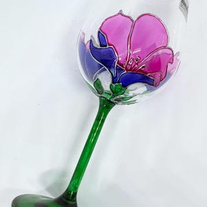 Floral Pink and Magenta hand painted crystal wine glass personalized big wine glass set birthday gift wine lover bridesmaid spring decor
