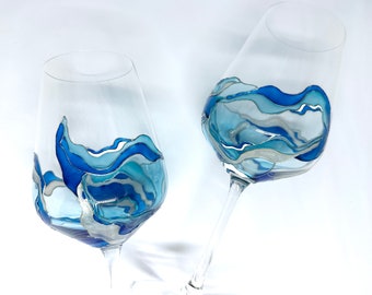 Hand painted sea abstract wine glass painted wine glass silver and blue wine glasses sea personalised wine glass set option ocean art