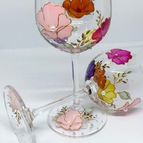 Hand Painted Floral Wine Glass Set, Personalized Crystal Anniversary Gift