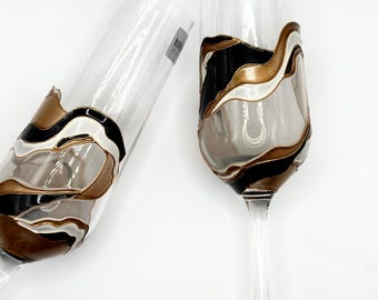 Hand Painted Crystal Champagne Flutes: Abstract Gold, Black & White