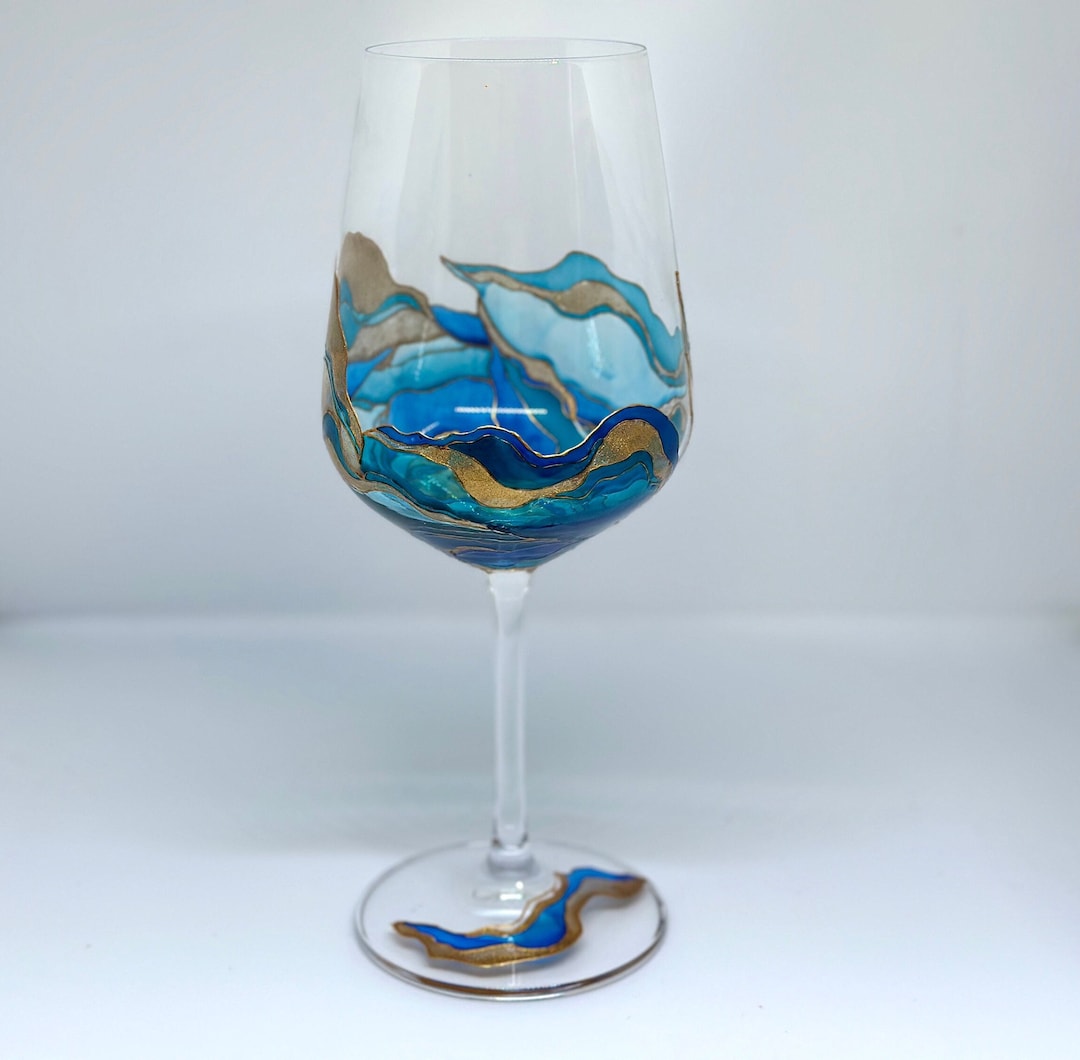 Set Hand Painted Sea Abstract Wine Glass Painted Wine Glass Abstract