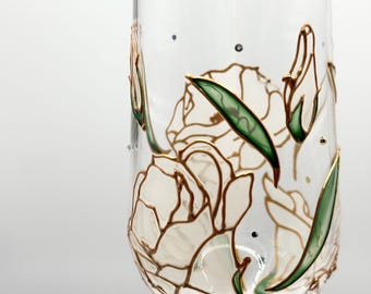 Hand-Painted Crystal Champagne Flute: White Flowers, Emerald Leaves