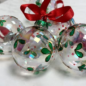 Set Hand Painted Christmas Mistletoe Bauble Unique Xmas Decoration Glass Christmas Ornaments Christmas Green Ornaments Clear Balls Set