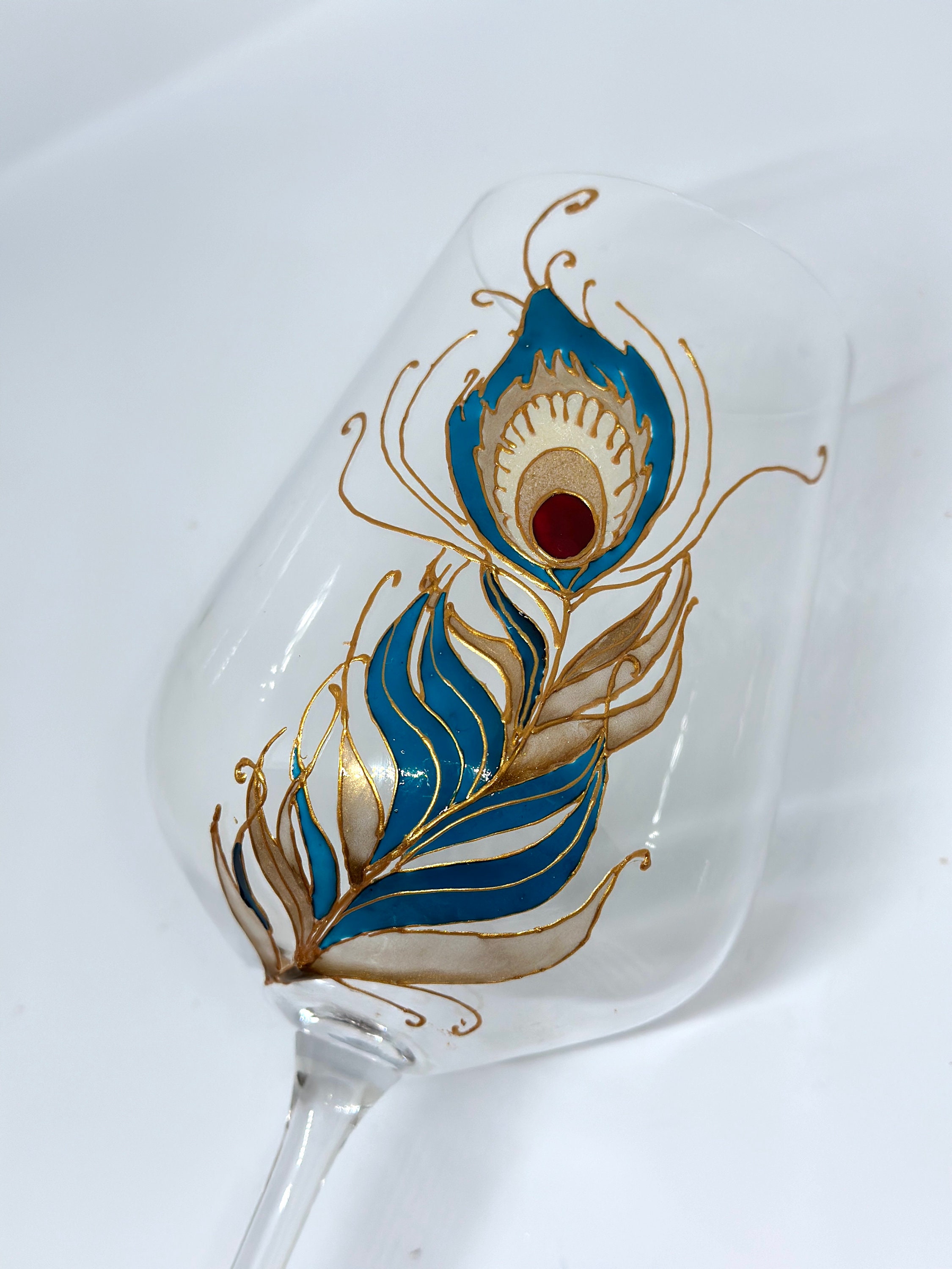 Hand Painted Peacock Feather Wine Glass Mothers Day Gift Painted Wine