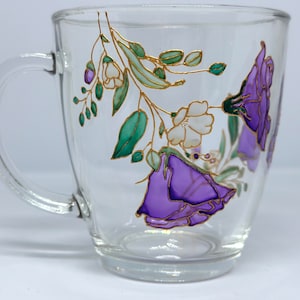 Hand painted glass mug glass painted cup flower lover gift purple mug glass art painted cup lisianthus botanical handmade gift painted cup