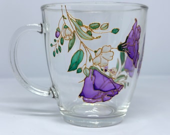 Hand-Painted Lisianthus Glass Mug: Botanical Floral Art