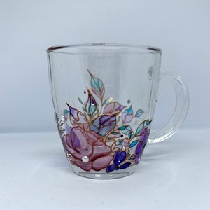 Hand painted glass mug glass painted cup flower lover gift purple mug glass art painted cup lisianthus botanical handmade gift painted cup