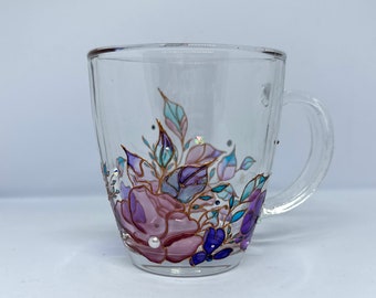 Hand-Painted Floral Glass Mug: Purple Lisianthus Botanical Art