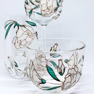 Big set glassware in one design coffee mug wine glass and tumbler big set with flowers hand painted stylish white glassware botanical design glassware unique table decoration custom table decoration personalized glassware artisan glassware boho style glassware special tableware host unique glassware gift for home unique one of a kind wedding gift mother’s day gift gift for new home owners gift for sister gift for mother gift for coworker gift for girl