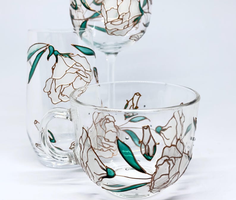 Big set glassware in one design coffee mug wine glass and tumbler big set with flowers hand painted stylish white glassware botanical design glassware unique table decoration custom table decoration personalized glassware artisan glassware boho style glassware special tableware host unique glassware gift for home unique one of a kind wedding gift mother’s day gift gift for new home owners gift for sister gift for mother gift for coworker gift for girl
