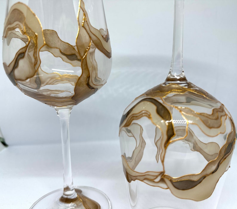 Set Hand Painted Abstract Crystal Wine Glass Painted Art Beige and