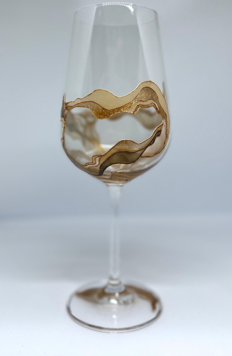 Set Hand Painted Abstract Crystal Wine Glass Painted Art Beige and