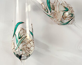 Hand-Painted Crystal Champagne Flutes: White Flowers & Emerald Leaves
