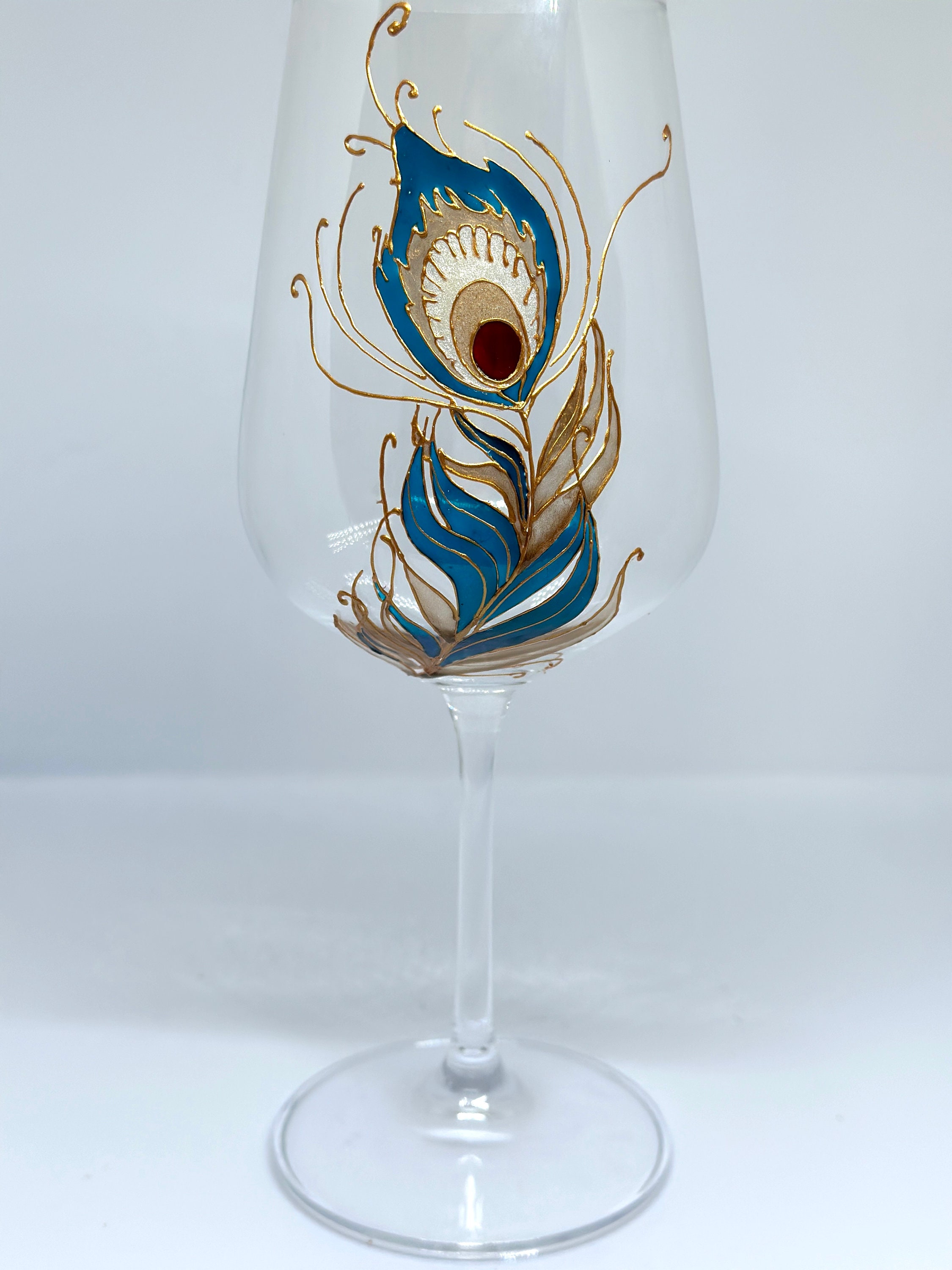 Hand Painted Peacock Feather Wine Glass Mothers Day Gift Painted Wine