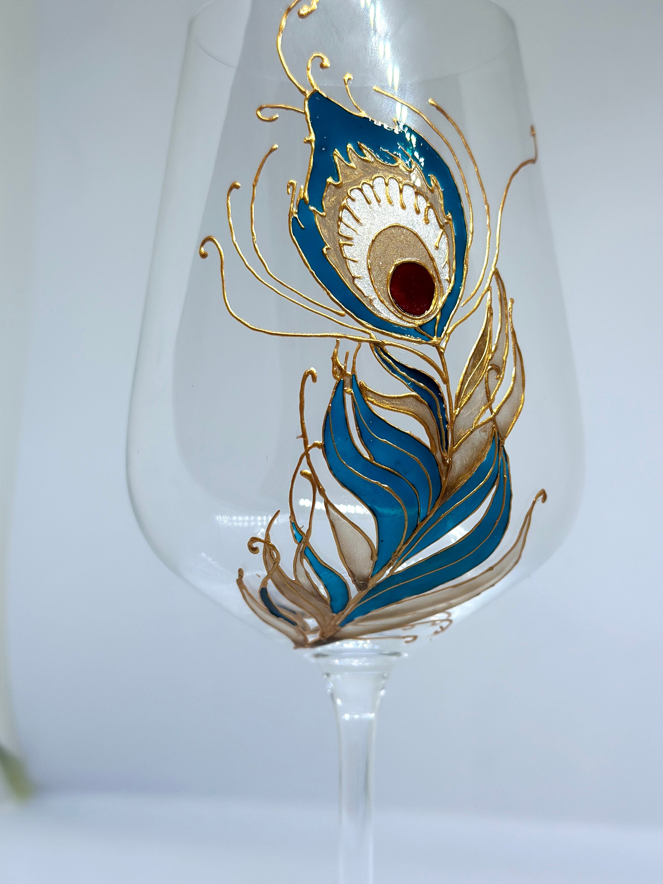 Hand Painted Peacock Feather Wine Glass Mothers Day Gift Painted Wine