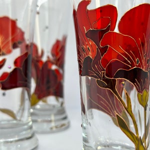 Set of 6 hand painted red flowers tumblers Set of 4 unique floral design water glass big cocktail glass Mother’s day gift floral design set