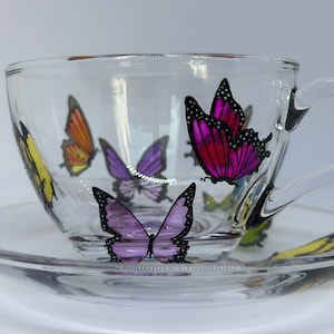 Hand-Painted Butterfly Glass Mug with Saucer: Colorful Tea Cup