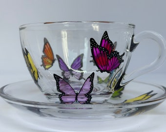 Hand-Painted Butterfly Glass Mug with Saucer: Colorful Tea Cup