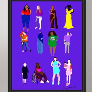 Puede incluir: Una ilustración digital de 10 personas diversas sobre un fondo morado. Las personas llevan ropa y accesorios diferentes, incluyendo un símbolo de infinito arcoíris, un hiyab, un sari y una silla de ruedas. La ilustración está firmada "Emma Marcus".